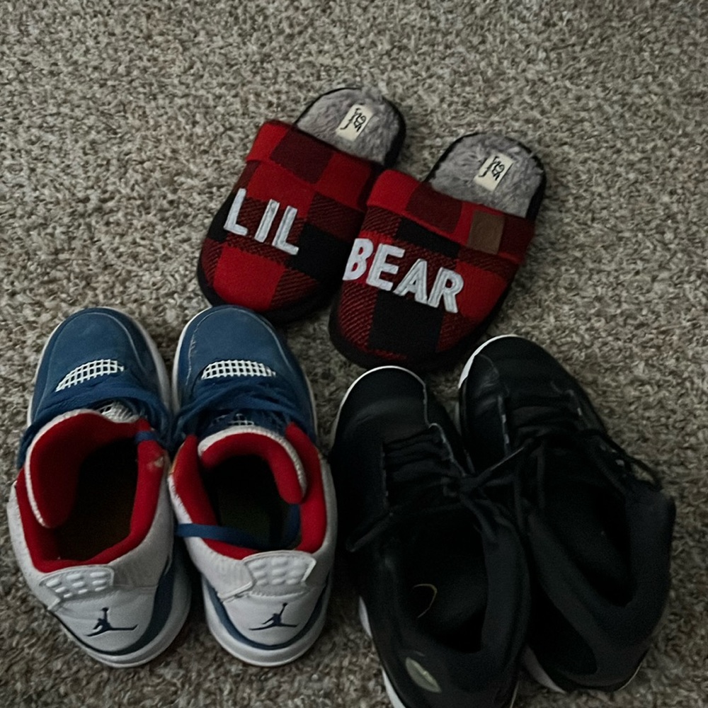 2 pairs of Jordans 1 pair of house slippers